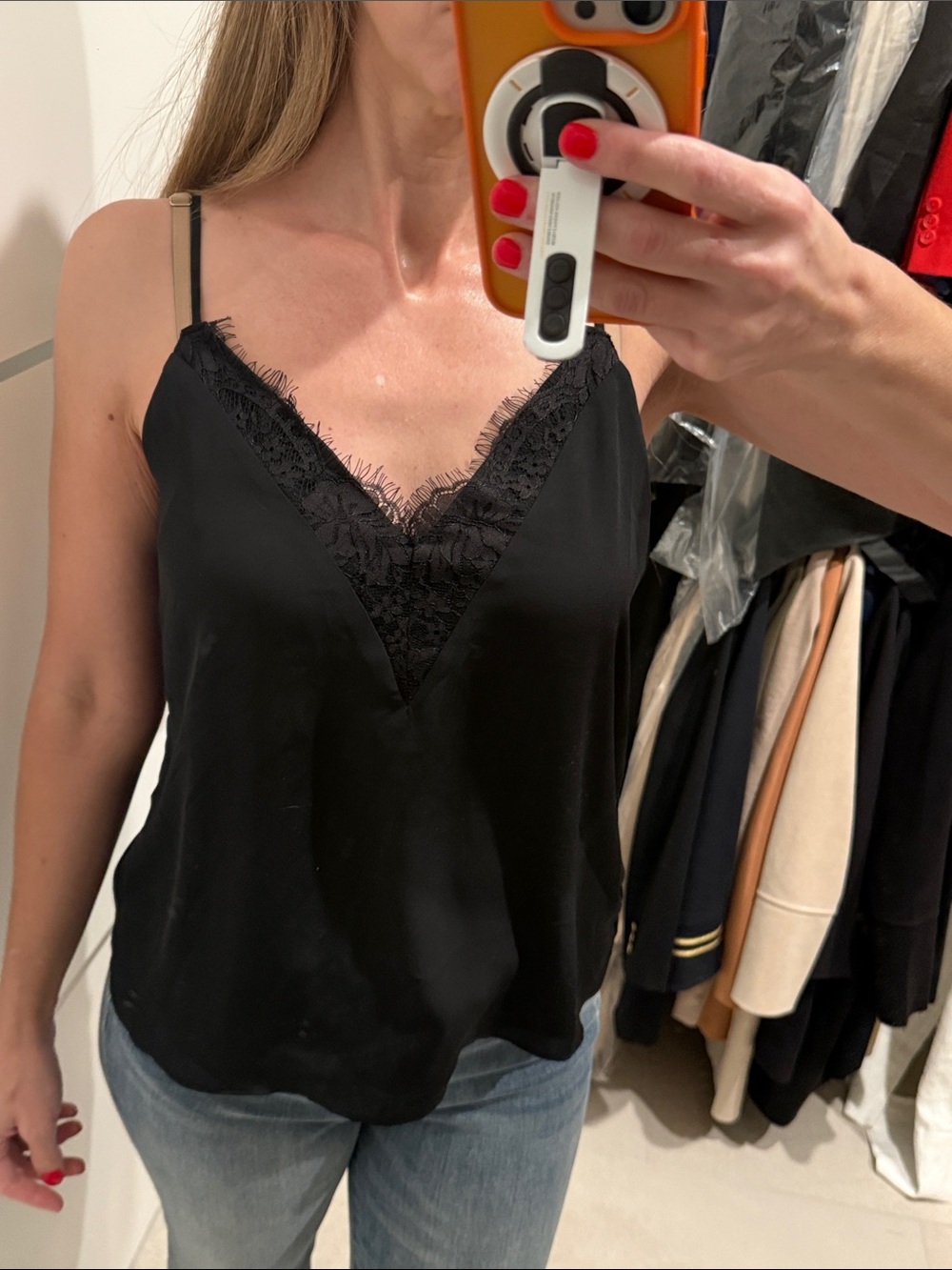 Melrose and Market black Spaghetti strap, V-neck, eyelash lace, trim, small